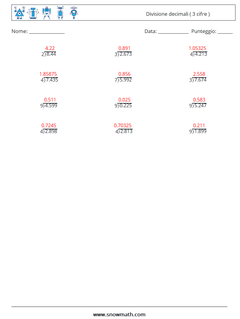 (12) Divisione decimali ( 3 cifre ) Fogli di lavoro di matematica 17 Domanda, Risposta