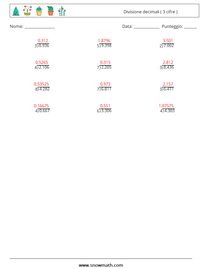 (12) Divisione decimali ( 3 cifre ) Fogli di lavoro di matematica 18 Domanda, Risposta