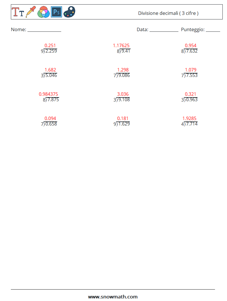 (12) Divisione decimali ( 3 cifre ) Fogli di lavoro di matematica 1 Domanda, Risposta