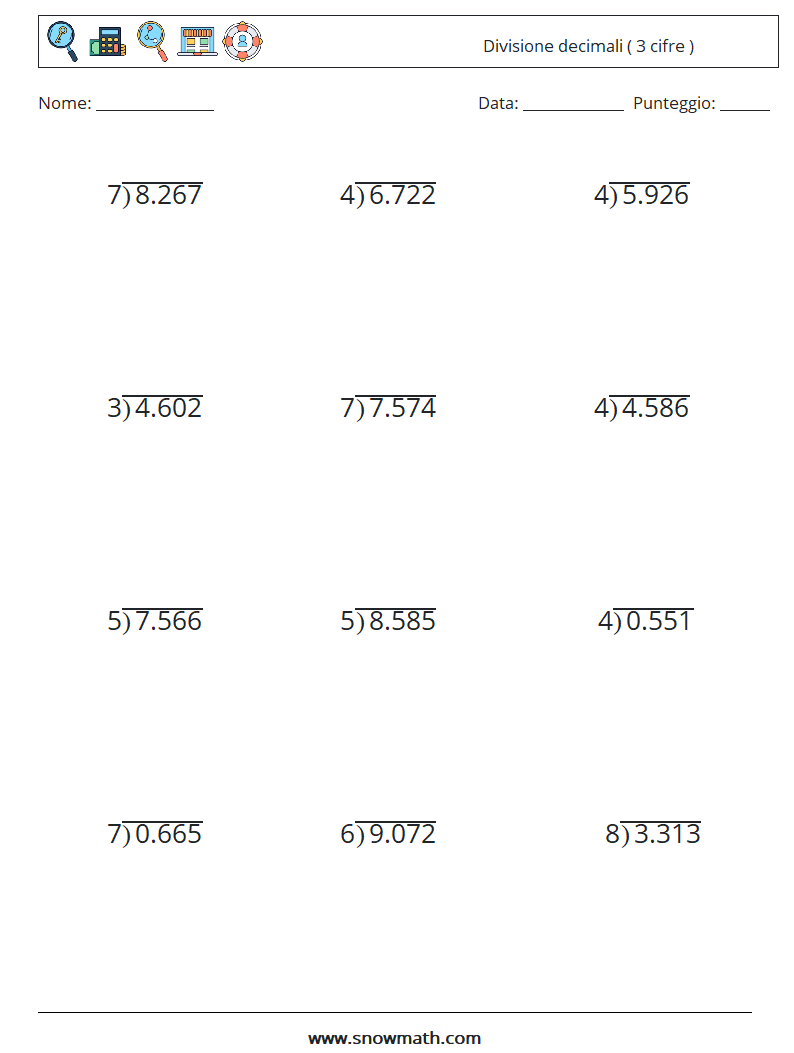 (12) Divisione decimali ( 3 cifre ) Fogli di lavoro di matematica 7