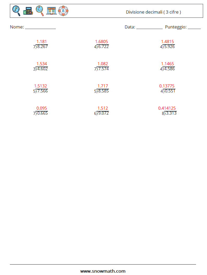 (12) Divisione decimali ( 3 cifre ) Fogli di lavoro di matematica 7 Domanda, Risposta