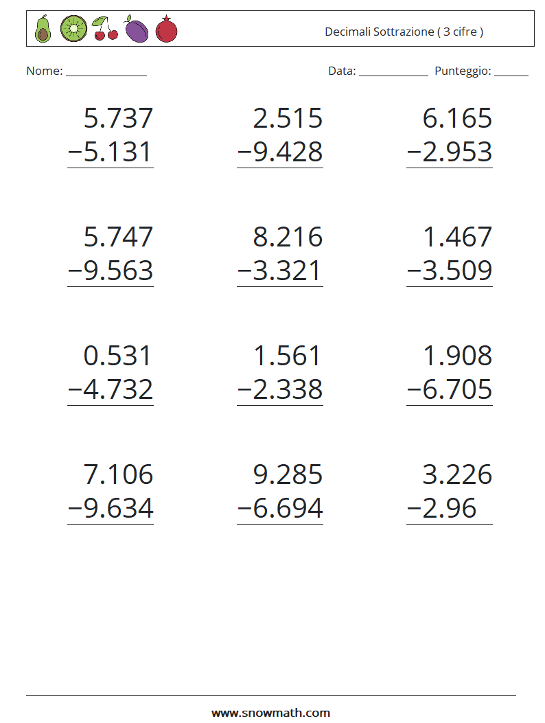 (12) Decimali Sottrazione ( 3 cifre ) Fogli di lavoro di matematica 1