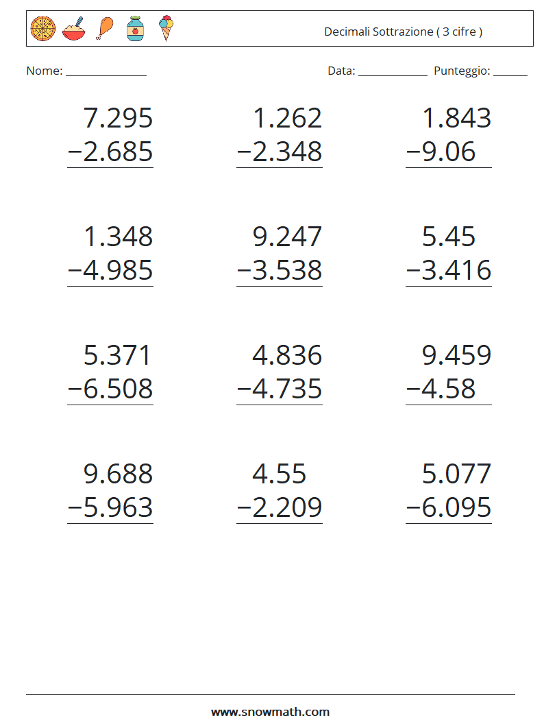 (12) Decimali Sottrazione ( 3 cifre ) Fogli di lavoro di matematica 10