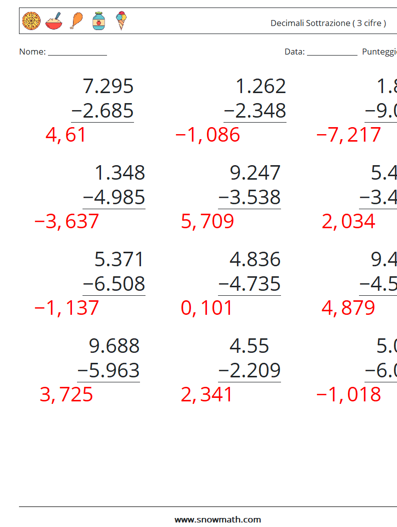 (12) Decimali Sottrazione ( 3 cifre ) Fogli di lavoro di matematica 10 Domanda, Risposta