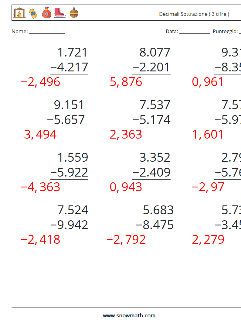 (12) Decimali Sottrazione ( 3 cifre ) Fogli di lavoro di matematica 11 Domanda, Risposta