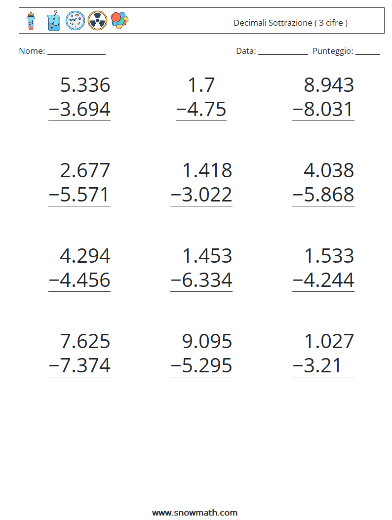 (12) Decimali Sottrazione ( 3 cifre ) Fogli di lavoro di matematica 12