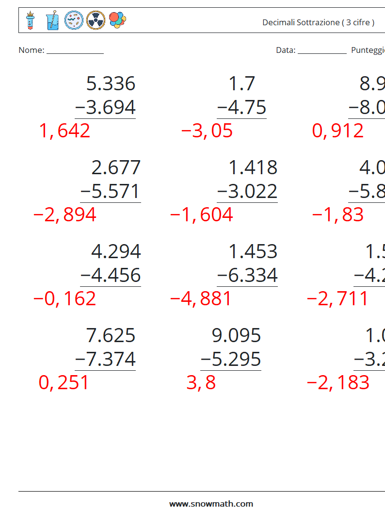 (12) Decimali Sottrazione ( 3 cifre ) Fogli di lavoro di matematica 12 Domanda, Risposta