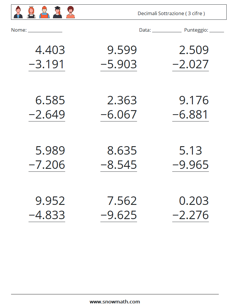 (12) Decimali Sottrazione ( 3 cifre ) Fogli di lavoro di matematica 13