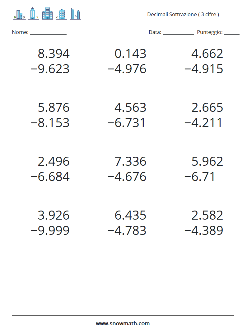 (12) Decimali Sottrazione ( 3 cifre ) Fogli di lavoro di matematica 14