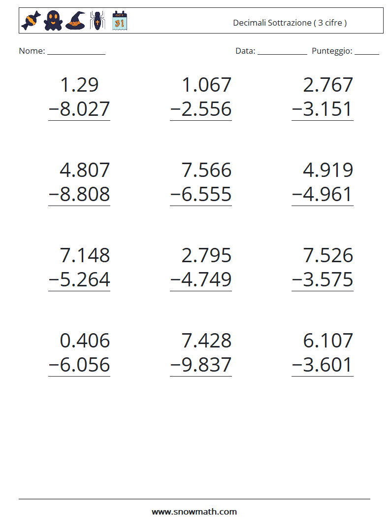 (12) Decimali Sottrazione ( 3 cifre ) Fogli di lavoro di matematica 15