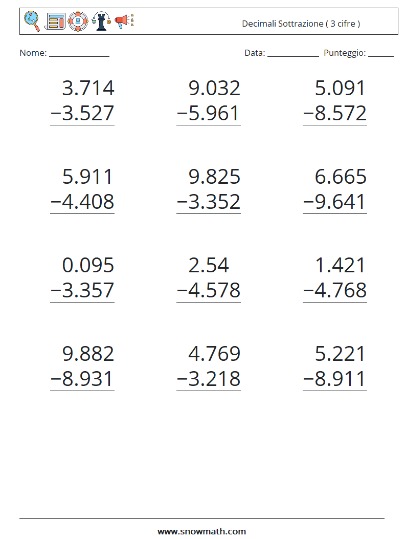 (12) Decimali Sottrazione ( 3 cifre ) Fogli di lavoro di matematica 16