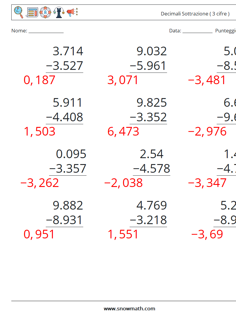 (12) Decimali Sottrazione ( 3 cifre ) Fogli di lavoro di matematica 16 Domanda, Risposta