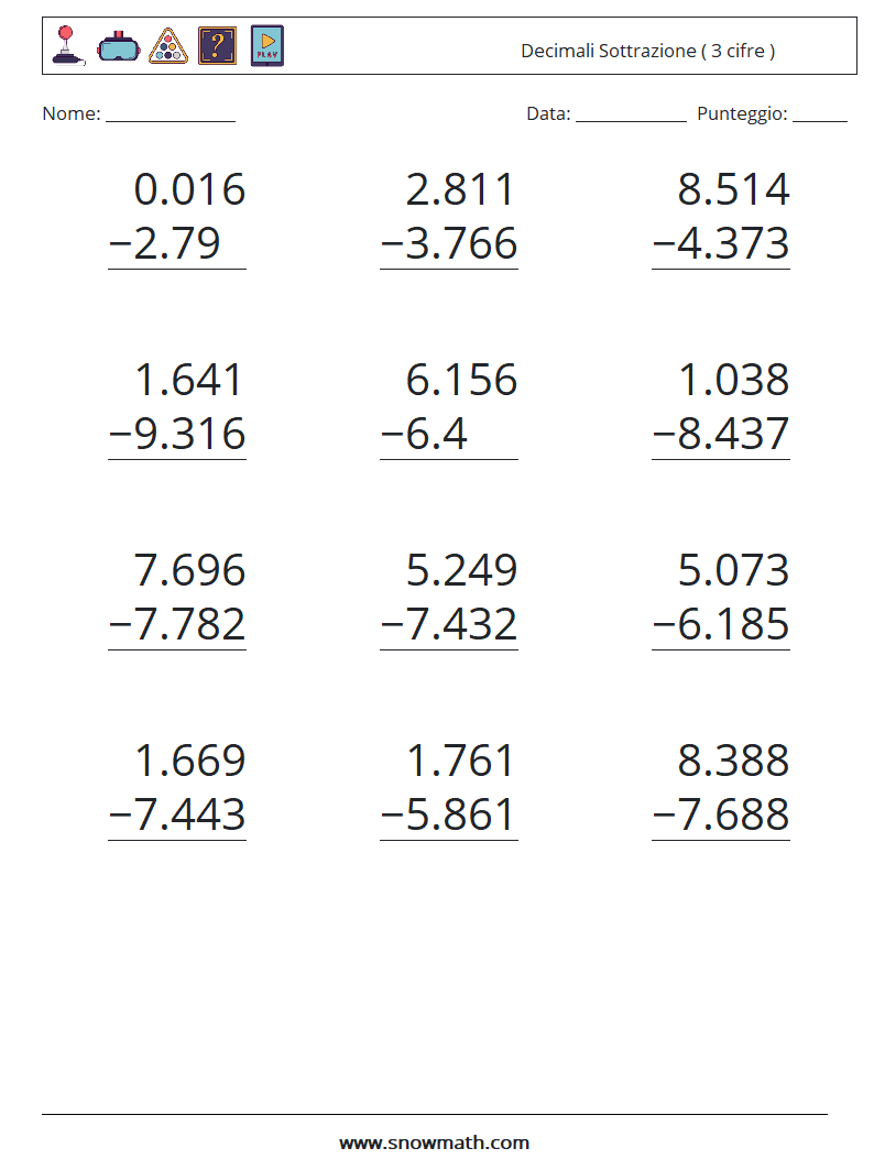 (12) Decimali Sottrazione ( 3 cifre ) Fogli di lavoro di matematica 18