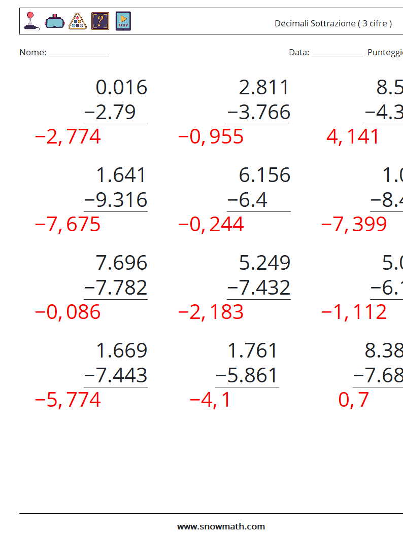 (12) Decimali Sottrazione ( 3 cifre ) Fogli di lavoro di matematica 18 Domanda, Risposta