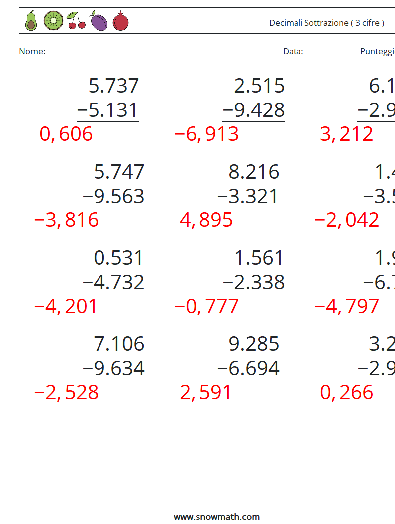 (12) Decimali Sottrazione ( 3 cifre ) Fogli di lavoro di matematica 1 Domanda, Risposta