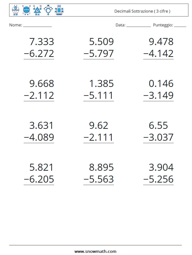 (12) Decimali Sottrazione ( 3 cifre ) Fogli di lavoro di matematica 2