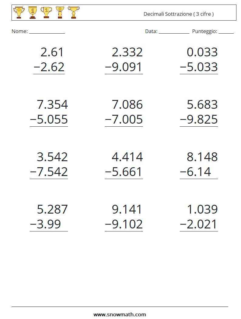 (12) Decimali Sottrazione ( 3 cifre ) Fogli di lavoro di matematica 3