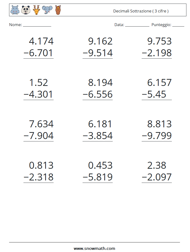 (12) Decimali Sottrazione ( 3 cifre ) Fogli di lavoro di matematica 4