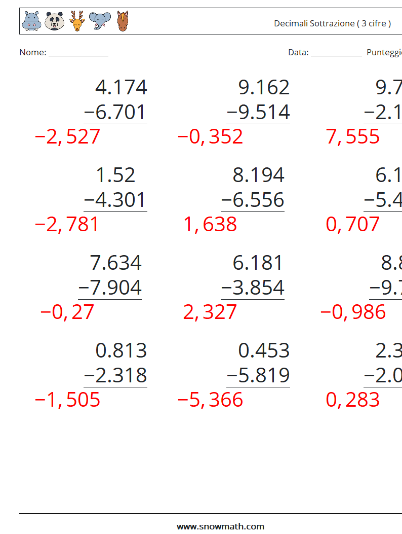 (12) Decimali Sottrazione ( 3 cifre ) Fogli di lavoro di matematica 4 Domanda, Risposta