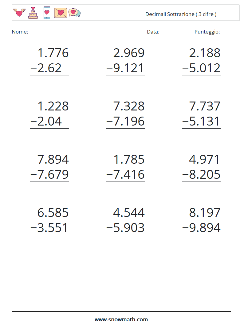 (12) Decimali Sottrazione ( 3 cifre ) Fogli di lavoro di matematica 5