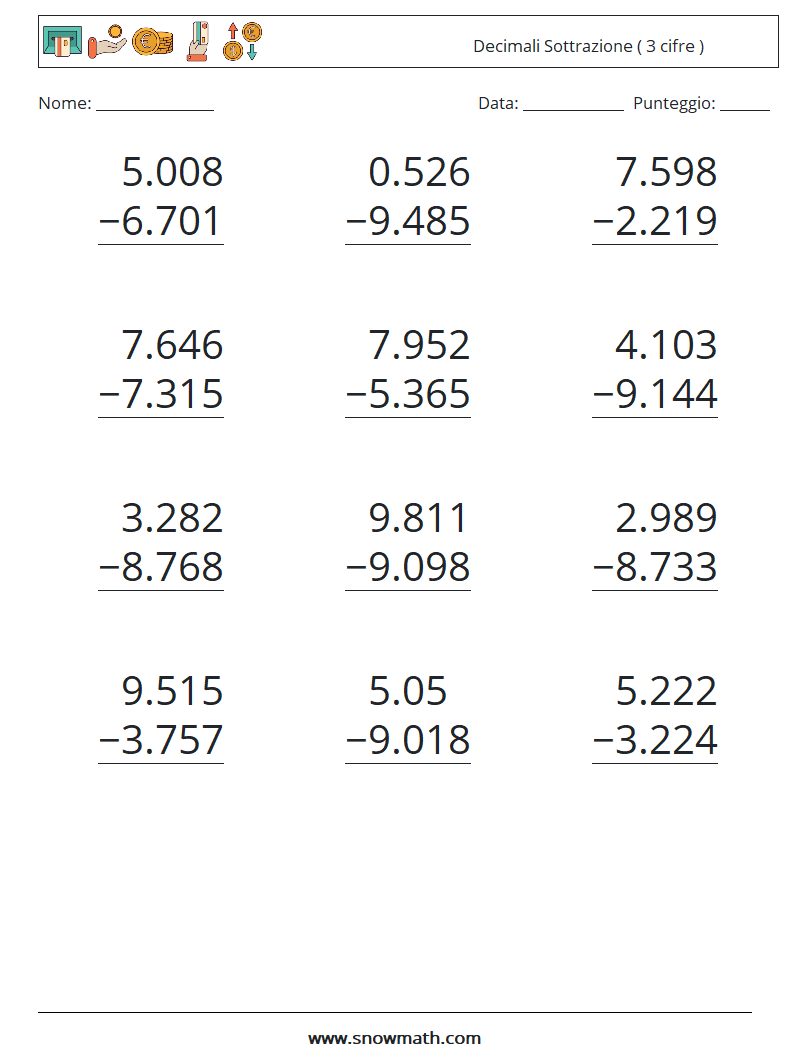 (12) Decimali Sottrazione ( 3 cifre ) Fogli di lavoro di matematica 6