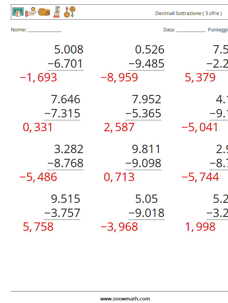 (12) Decimali Sottrazione ( 3 cifre ) Fogli di lavoro di matematica 6 Domanda, Risposta