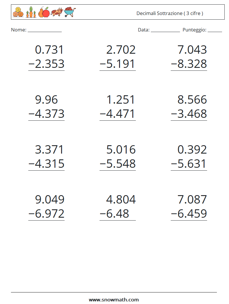 (12) Decimali Sottrazione ( 3 cifre ) Fogli di lavoro di matematica 7