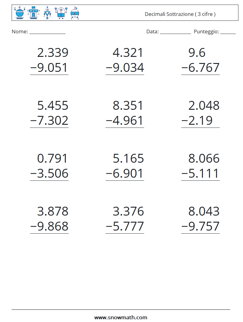 (12) Decimali Sottrazione ( 3 cifre ) Fogli di lavoro di matematica 8