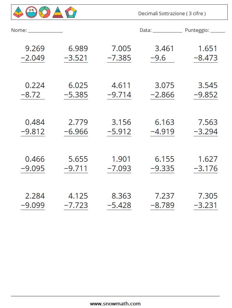 (25) Decimali Sottrazione ( 3 cifre ) Fogli di lavoro di matematica 1