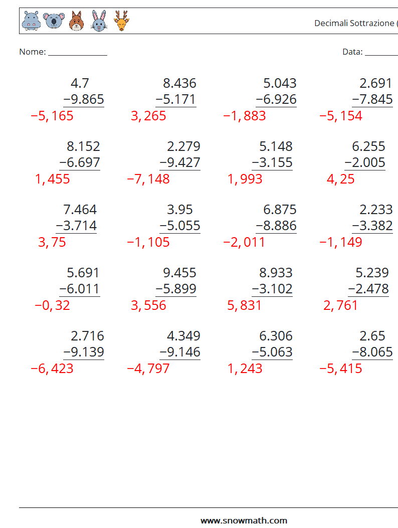 (25) Decimali Sottrazione ( 3 cifre ) Fogli di lavoro di matematica 12 Domanda, Risposta