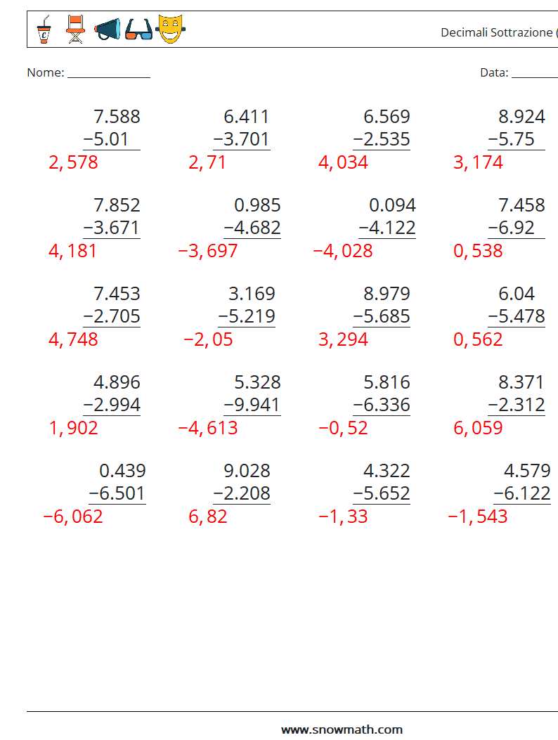 (25) Decimali Sottrazione ( 3 cifre ) Fogli di lavoro di matematica 13 Domanda, Risposta