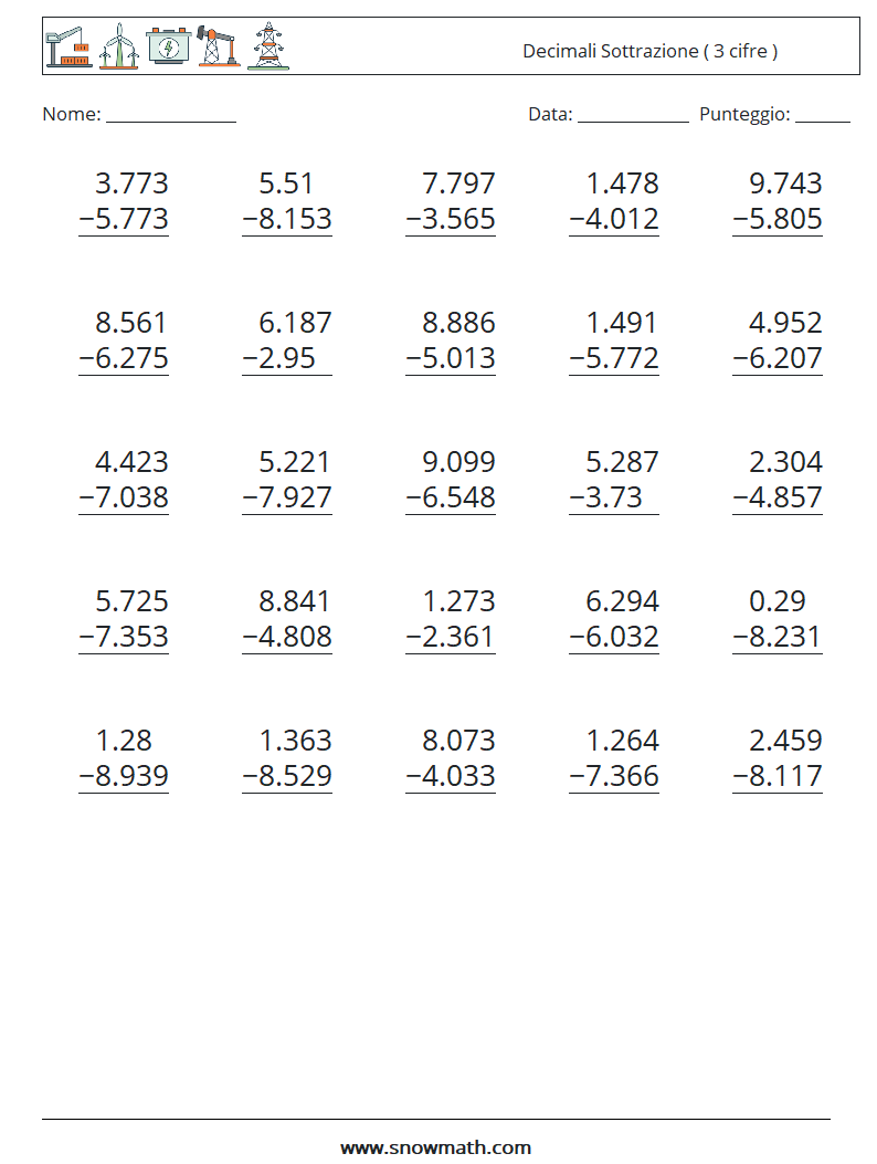 (25) Decimali Sottrazione ( 3 cifre ) Fogli di lavoro di matematica 14