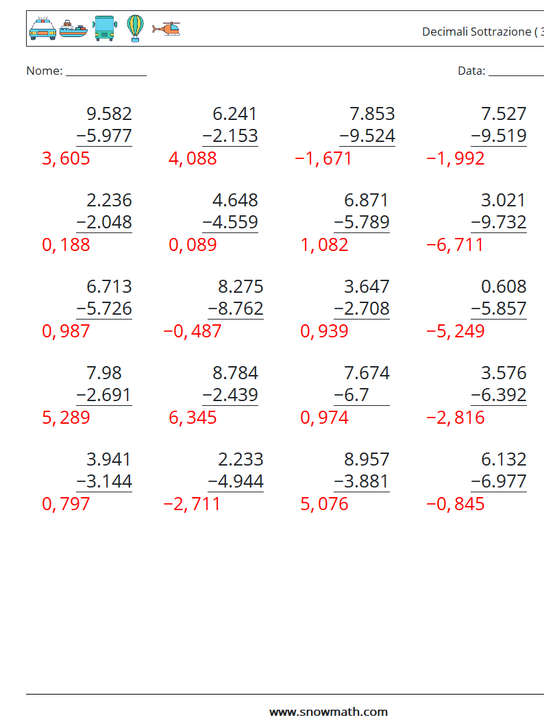 (25) Decimali Sottrazione ( 3 cifre ) Fogli di lavoro di matematica 4 Domanda, Risposta