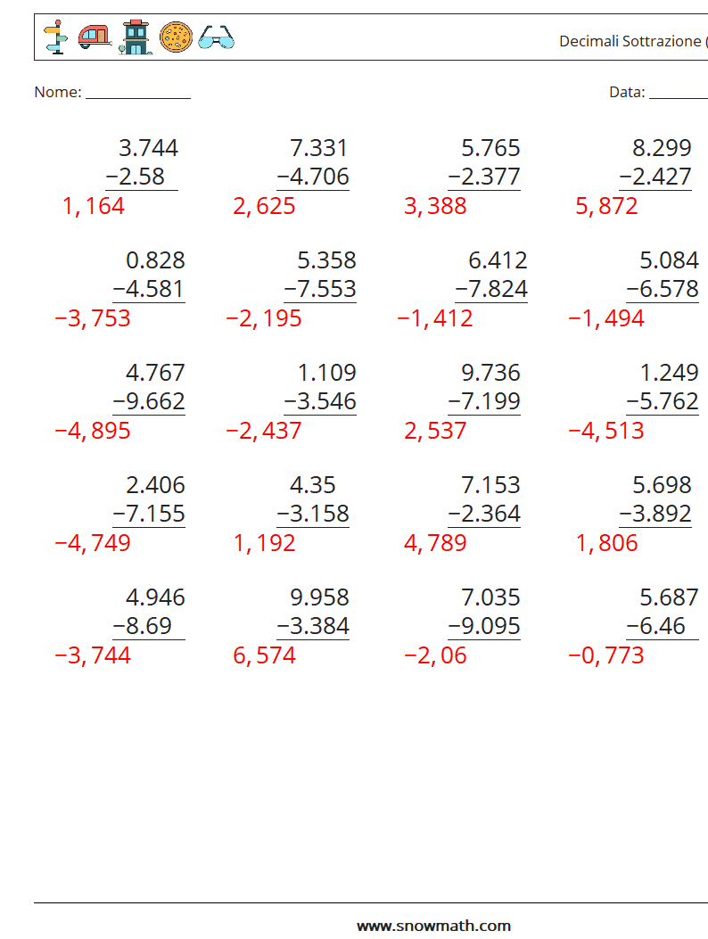 (25) Decimali Sottrazione ( 3 cifre ) Fogli di lavoro di matematica 5 Domanda, Risposta