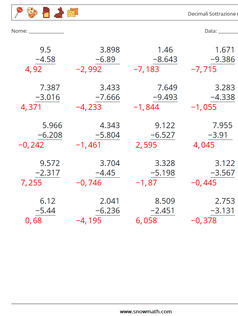 (25) Decimali Sottrazione ( 3 cifre ) Fogli di lavoro di matematica 6 Domanda, Risposta