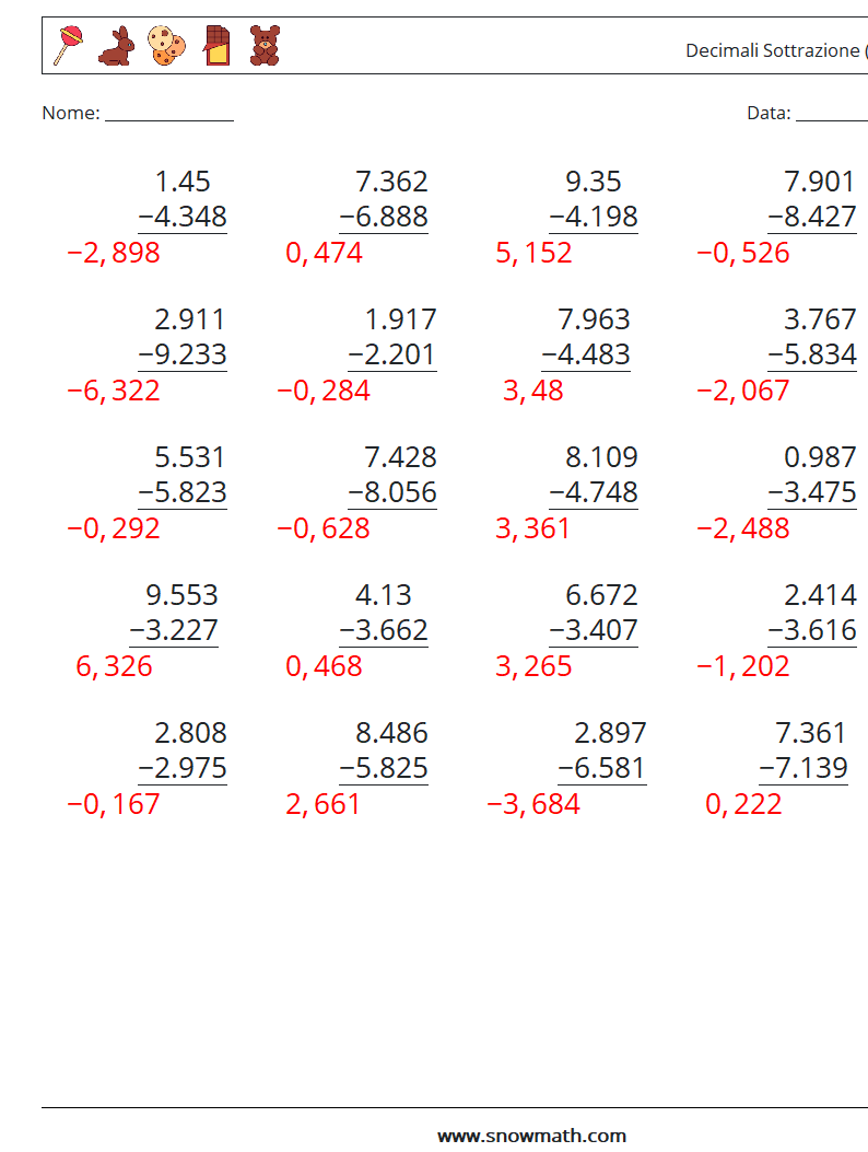 (25) Decimali Sottrazione ( 3 cifre ) Fogli di lavoro di matematica 7 Domanda, Risposta