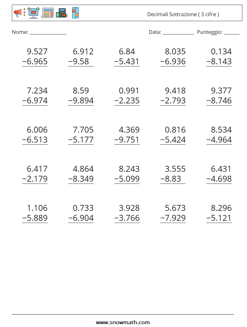 (25) Decimali Sottrazione ( 3 cifre ) Fogli di lavoro di matematica 8