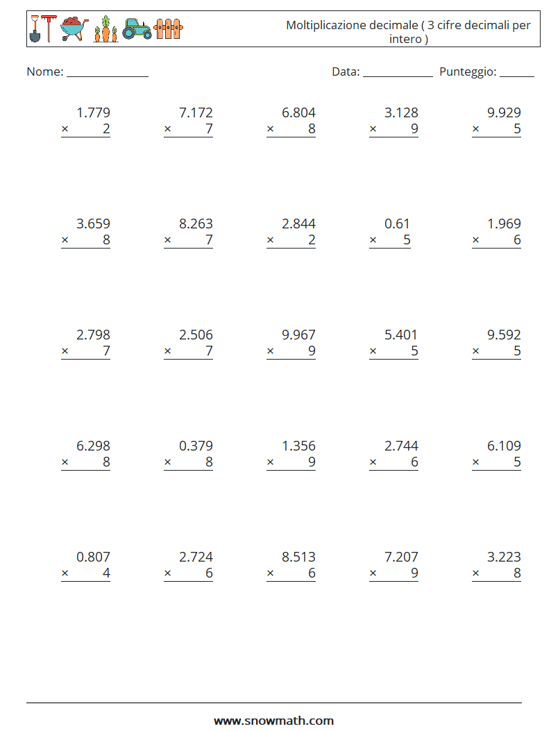 (25) Moltiplicazione decimale ( 3 cifre decimali per intero ) Fogli di lavoro di matematica 1