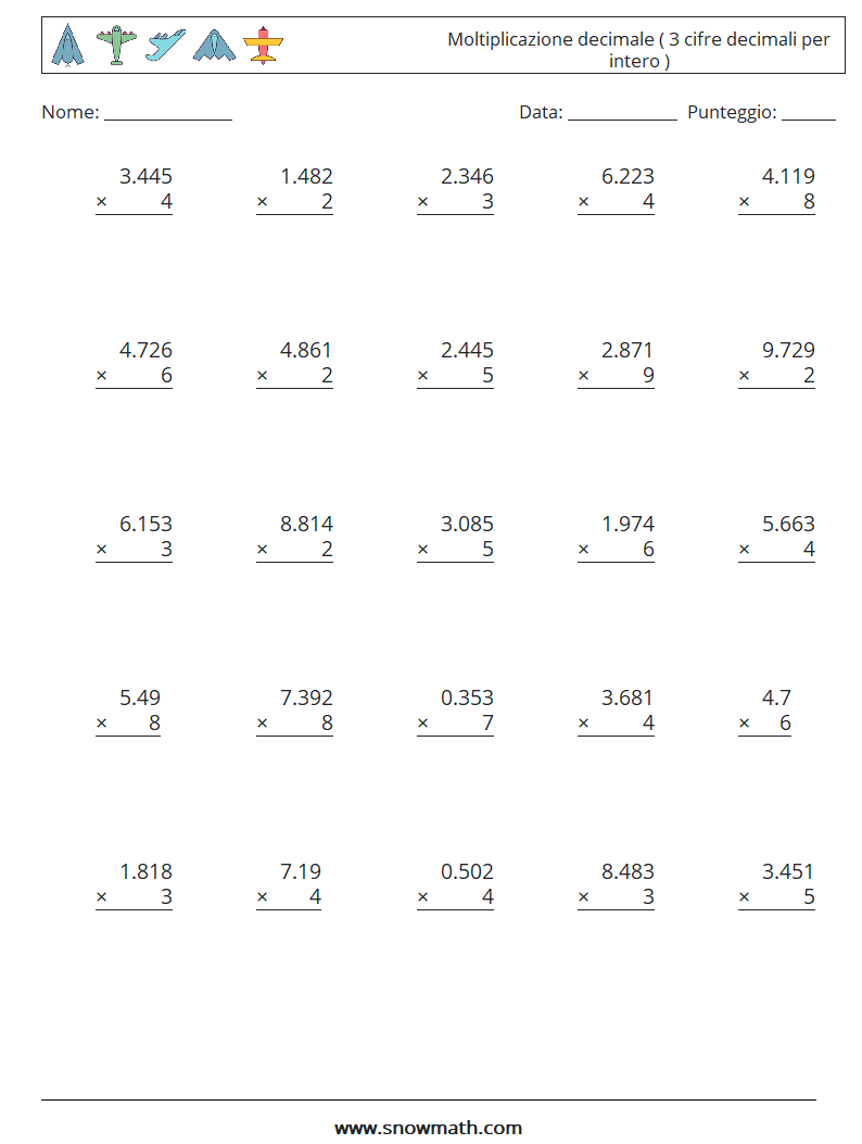 (25) Moltiplicazione decimale ( 3 cifre decimali per intero ) Fogli di lavoro di matematica 10