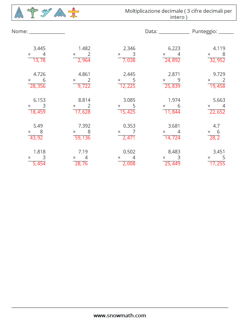(25) Moltiplicazione decimale ( 3 cifre decimali per intero ) Fogli di lavoro di matematica 10 Domanda, Risposta