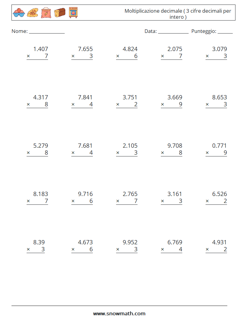 (25) Moltiplicazione decimale ( 3 cifre decimali per intero ) Fogli di lavoro di matematica 11