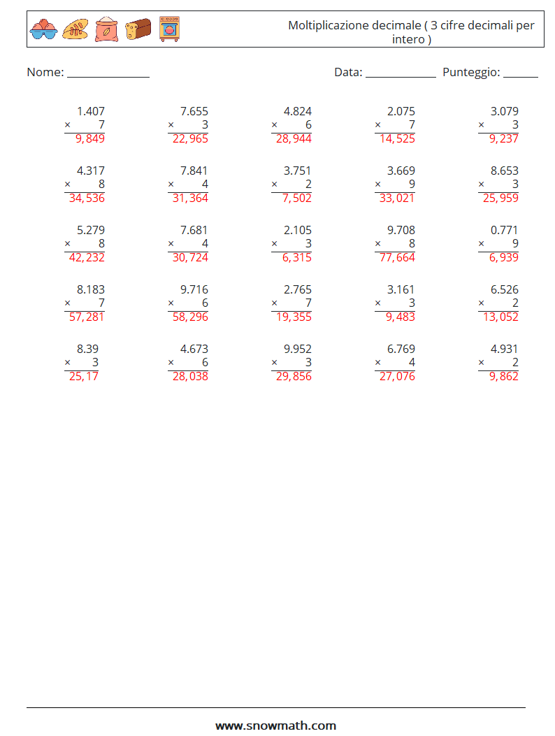 (25) Moltiplicazione decimale ( 3 cifre decimali per intero ) Fogli di lavoro di matematica 11 Domanda, Risposta
