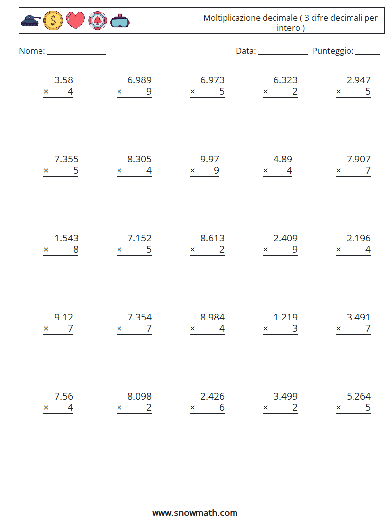 (25) Moltiplicazione decimale ( 3 cifre decimali per intero ) Fogli di lavoro di matematica 12