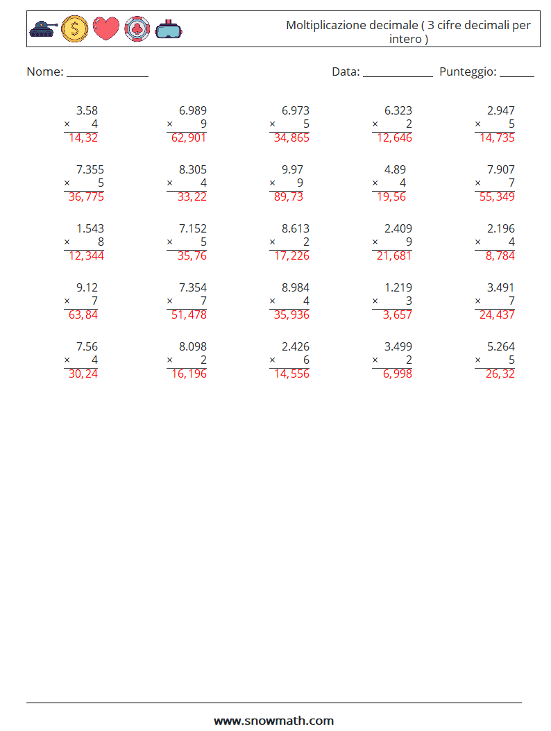 (25) Moltiplicazione decimale ( 3 cifre decimali per intero ) Fogli di lavoro di matematica 12 Domanda, Risposta