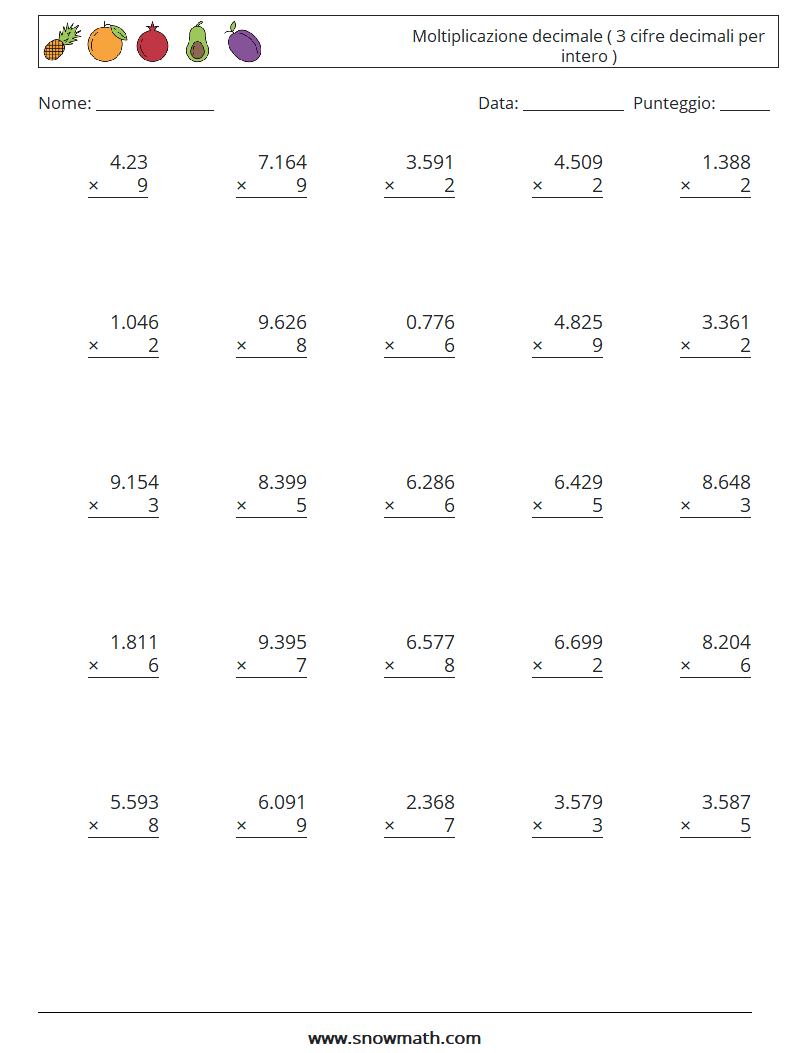 (25) Moltiplicazione decimale ( 3 cifre decimali per intero ) Fogli di lavoro di matematica 13