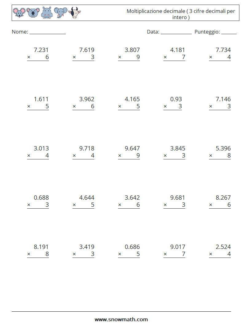 (25) Moltiplicazione decimale ( 3 cifre decimali per intero ) Fogli di lavoro di matematica 14