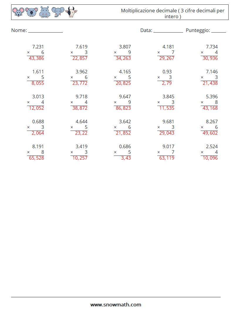 (25) Moltiplicazione decimale ( 3 cifre decimali per intero ) Fogli di lavoro di matematica 14 Domanda, Risposta