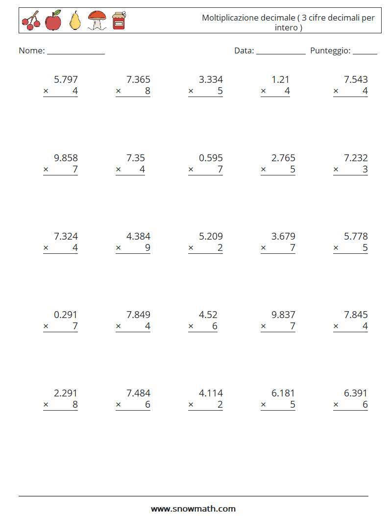 (25) Moltiplicazione decimale ( 3 cifre decimali per intero ) Fogli di lavoro di matematica 15