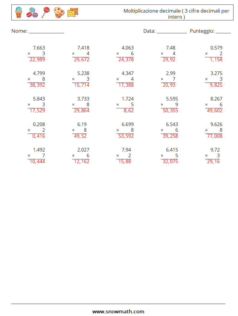 (25) Moltiplicazione decimale ( 3 cifre decimali per intero ) Fogli di lavoro di matematica 16 Domanda, Risposta