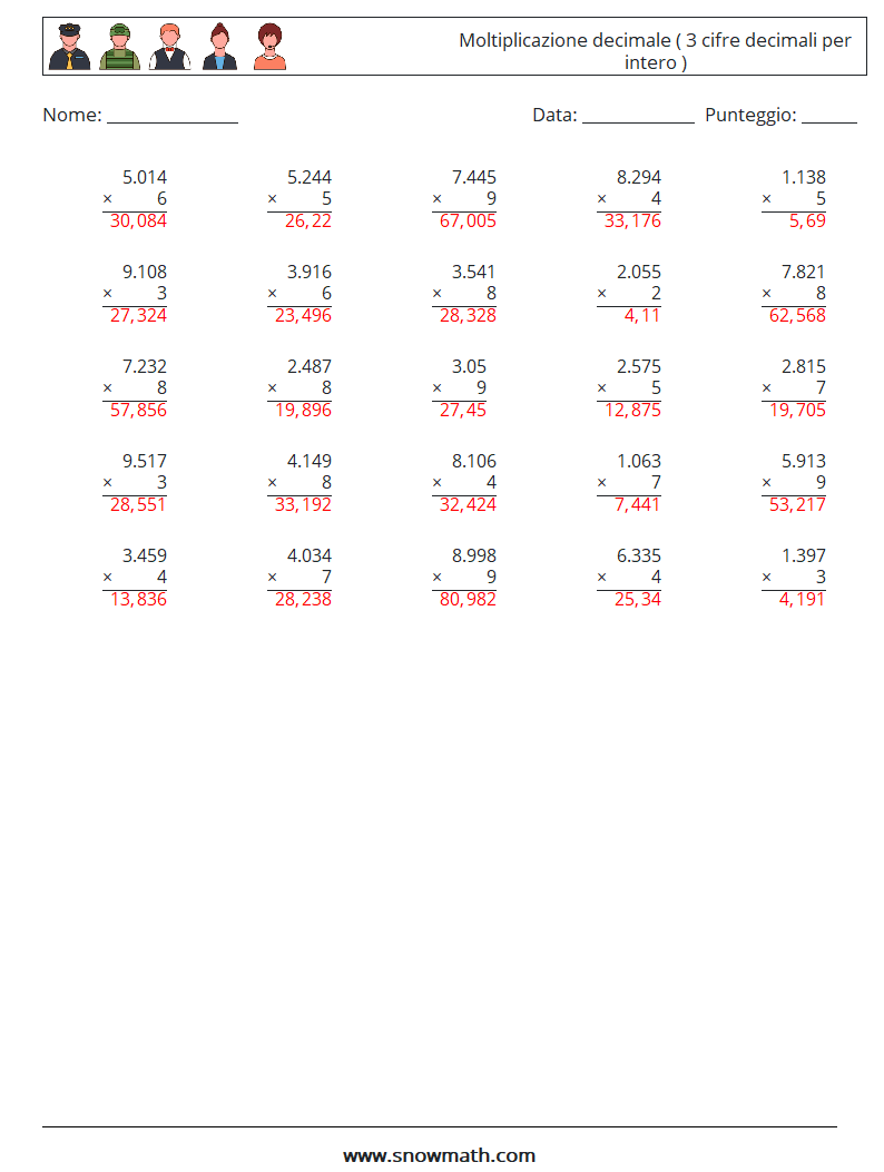 (25) Moltiplicazione decimale ( 3 cifre decimali per intero ) Fogli di lavoro di matematica 17 Domanda, Risposta